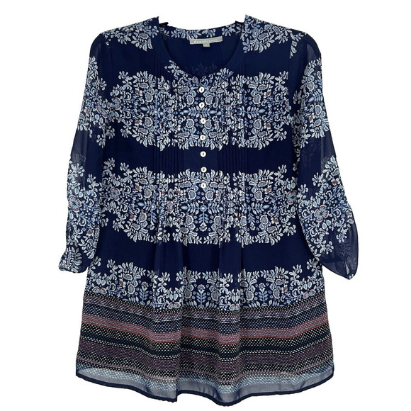 Daniel Rainn Boho Tunic Top Navy Blue Floral Pleated Roll Tab Sleeves Size S - Picture 1 of 8